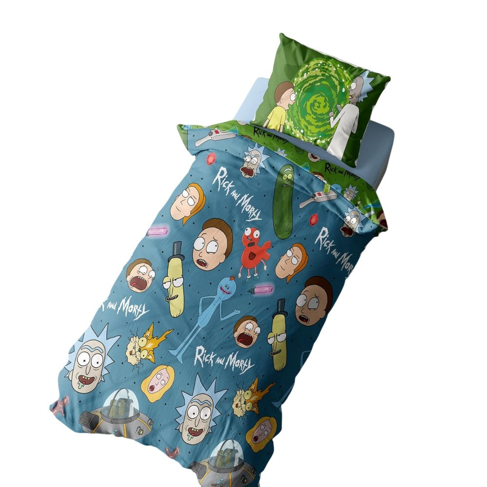 Blue - Back - Rick And Morty Portals Pickle Characters Reversible Duvet Set