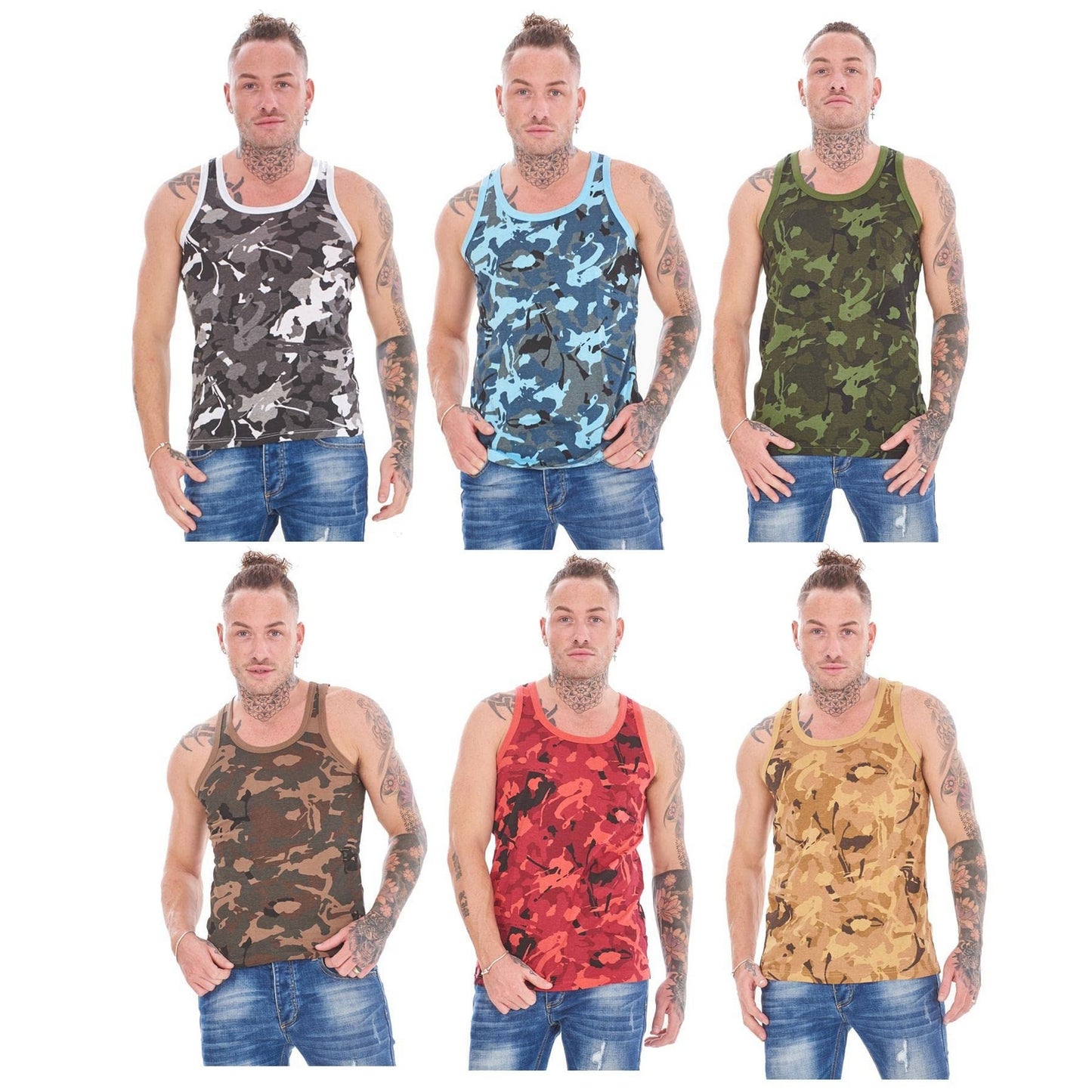 Blue - Pack Shot - Keanu Mens Camouflage Vest Top (Pack of 6)