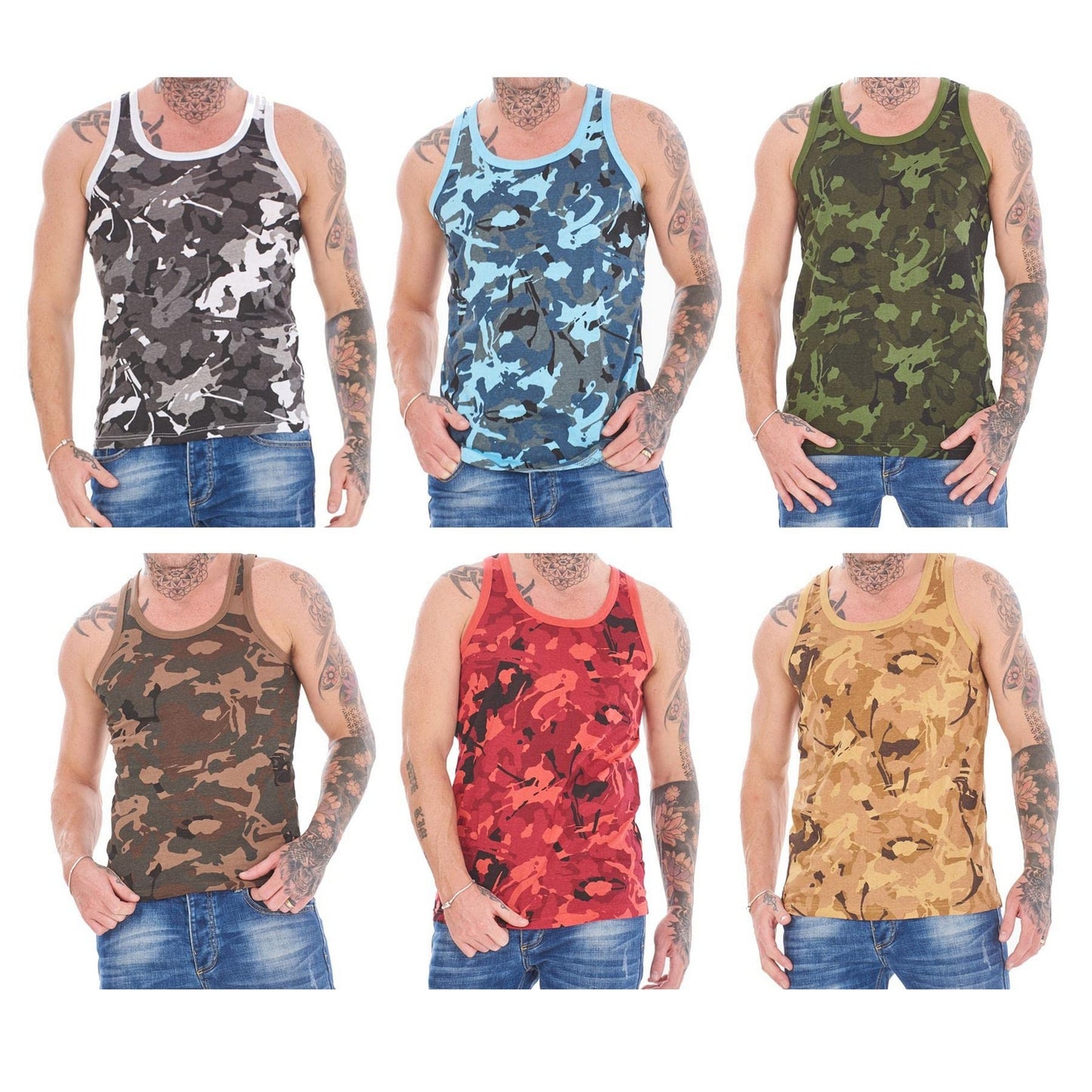 Blue - Lifestyle - Keanu Mens Camouflage Vest Top (Pack of 6)
