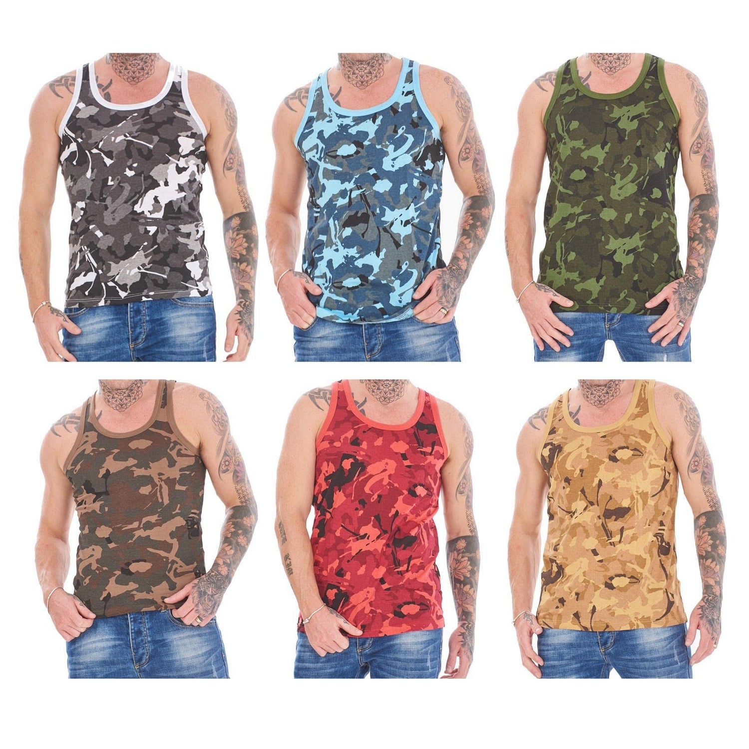 Blue - Lifestyle - Keanu Mens Camouflage Vest Top (Pack of 6)