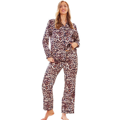 Brown-Black - Front - Keanu Womens-Ladies Leopard Print Satin Long Pyjama Set