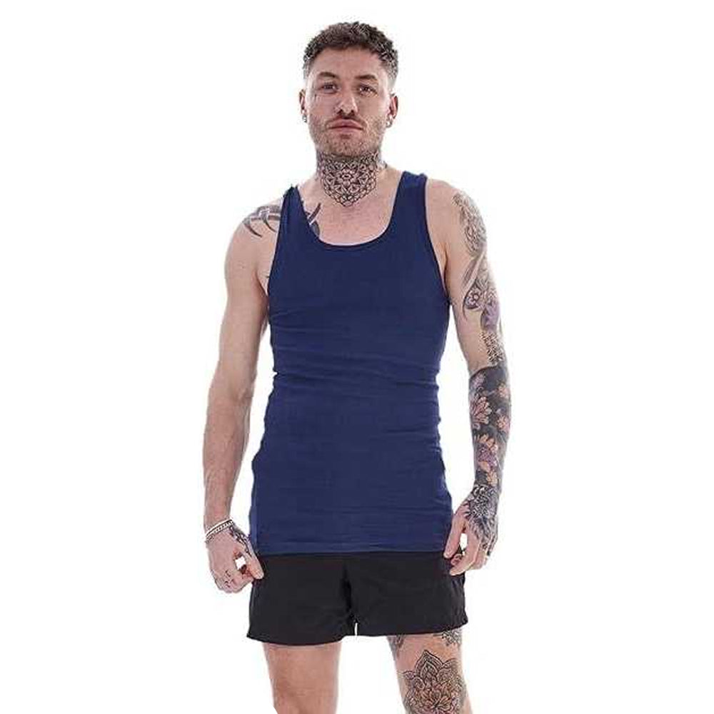 Navy-Charcoal-Black-Grey-White - Side - Keanu Mens Ribbed Cotton Blend Fitted Vest Top (Pack of 6)