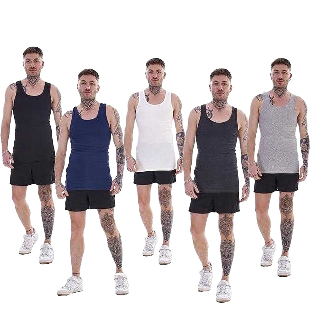 Navy-Charcoal-Black-Grey-White - Lifestyle - Keanu Mens Ribbed Cotton Blend Fitted Vest Top (Pack of 6)