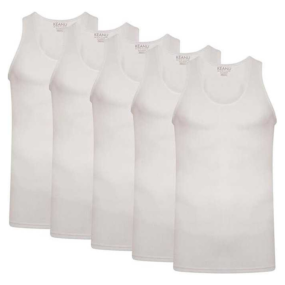 White - Front - Keanu Mens Ribbed Cotton Blend Fitted Vest Top (Pack of 6)
