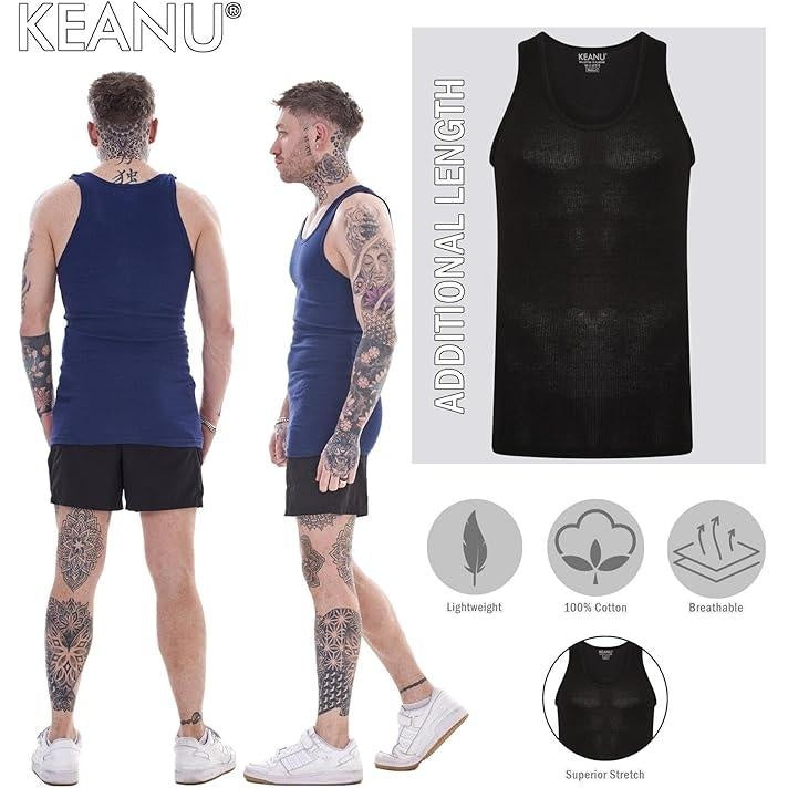Black-Grey-White-Navy - Lifestyle - Keanu Mens Ribbed Cotton Blend Fitted Vest Top (Pack of 6)