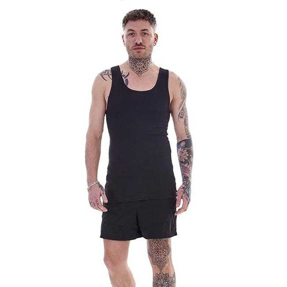 Black - Lifestyle - Keanu Mens Ribbed Cotton Blend Fitted Vest Top (Pack of 6)