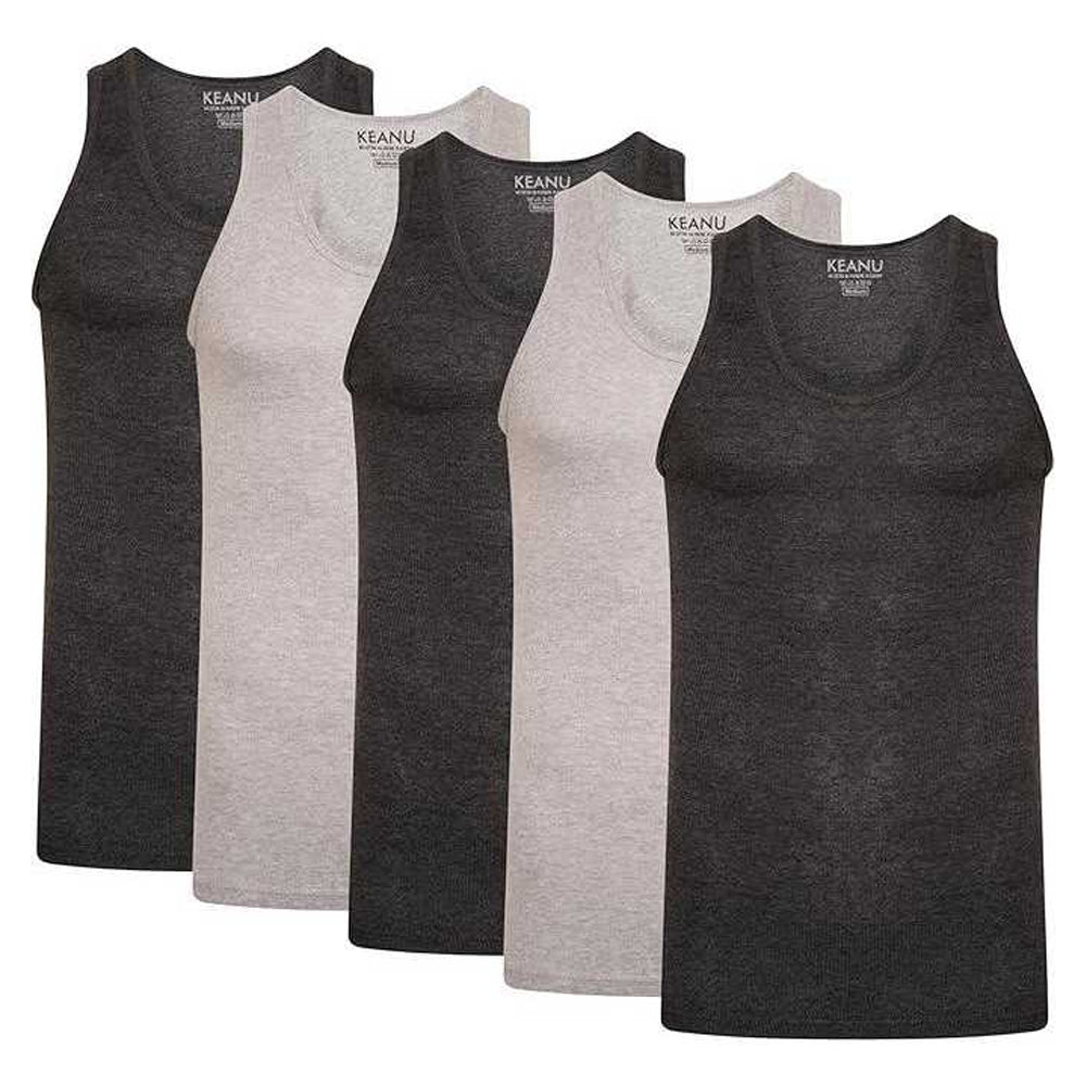 Navy-Charcoal-Black-Grey - Front - Keanu Mens Ribbed Cotton Blend Fitted Vest Top (Pack of 6)