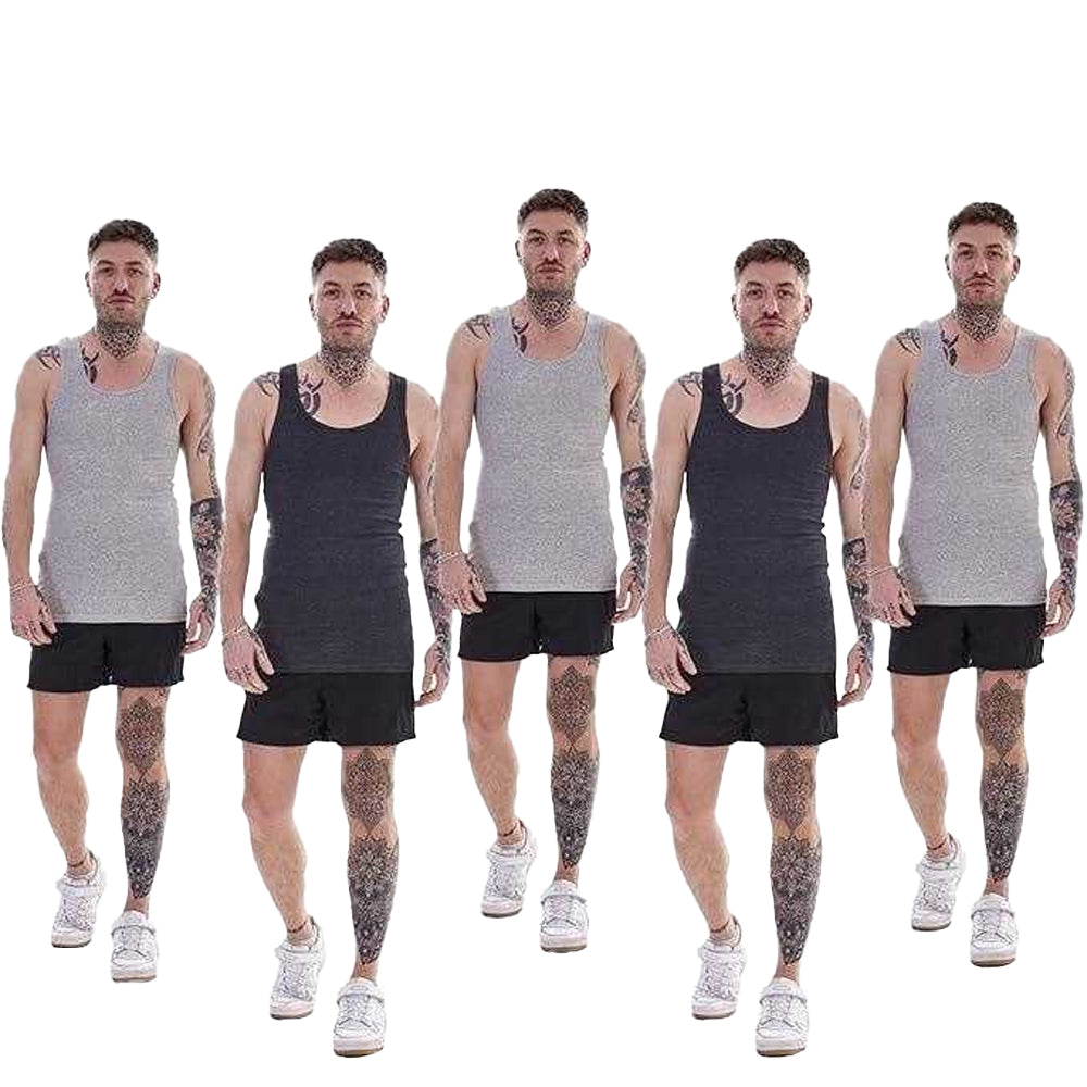 Navy-Charcoal-Black-Grey - Lifestyle - Keanu Mens Ribbed Cotton Blend Fitted Vest Top (Pack of 6)