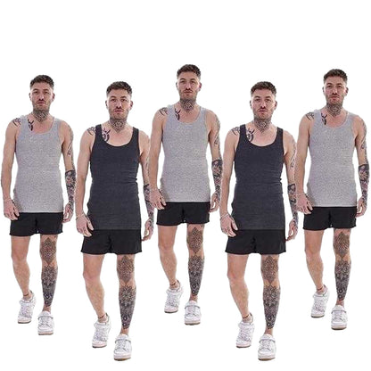 Navy-Charcoal-Black-Grey - Lifestyle - Keanu Mens Ribbed Cotton Blend Fitted Vest Top (Pack of 6)