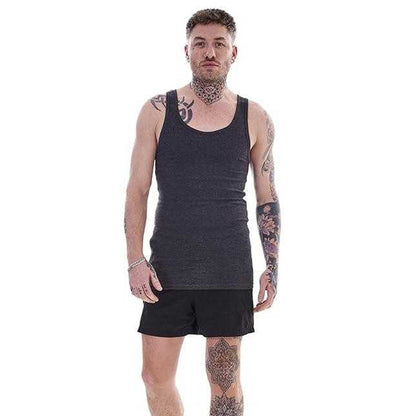 Navy-Charcoal-Black-Grey - Pack Shot - Keanu Mens Ribbed Cotton Blend Fitted Vest Top (Pack of 6)