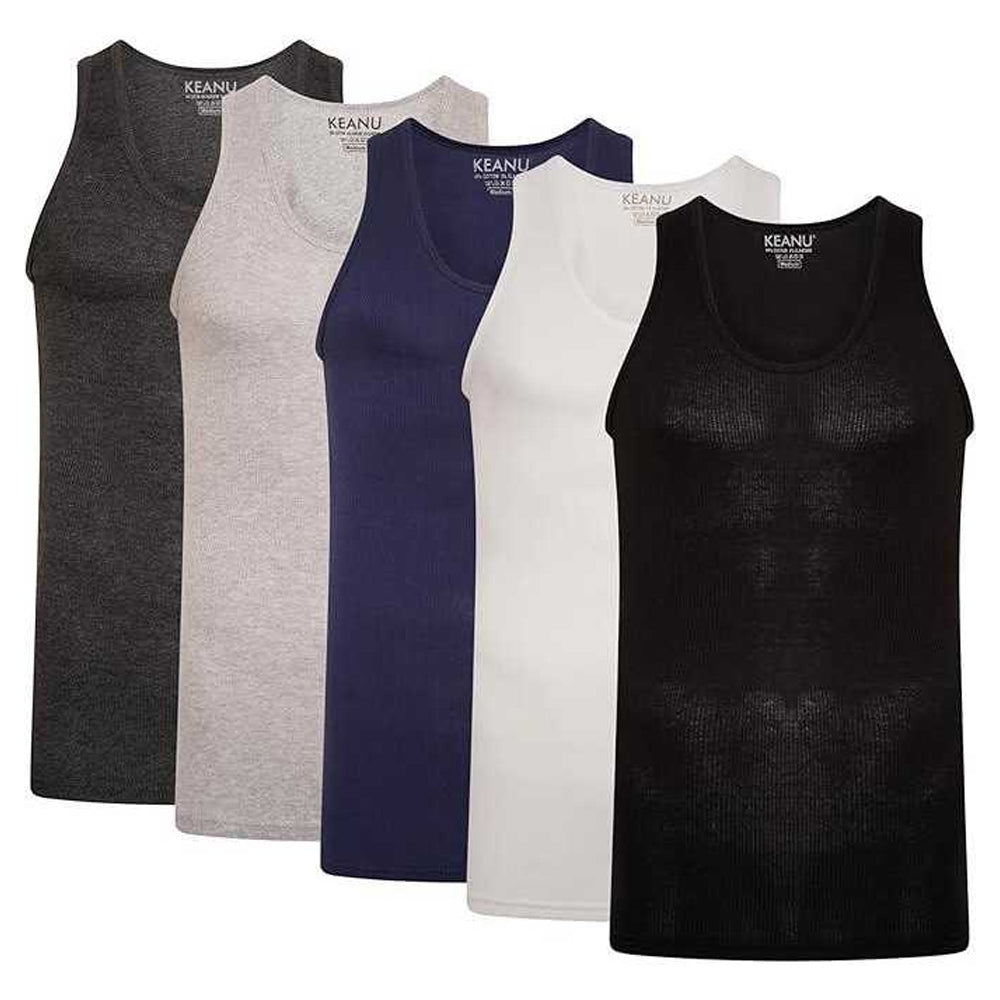 Navy-Charcoal-Black-Grey-White - Front - Keanu Mens Ribbed Cotton Blend Fitted Vest Top (Pack of 6)