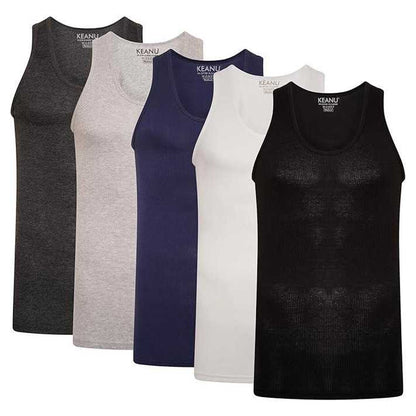 Navy-Charcoal-Black-Grey-White - Front - Keanu Mens Ribbed Cotton Blend Fitted Vest Top (Pack of 6)