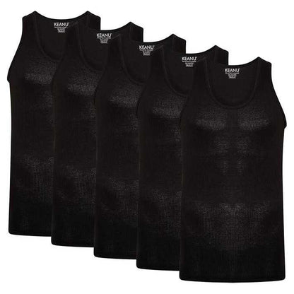 Black - Front - Keanu Mens Ribbed Cotton Blend Fitted Vest Top (Pack of 6)