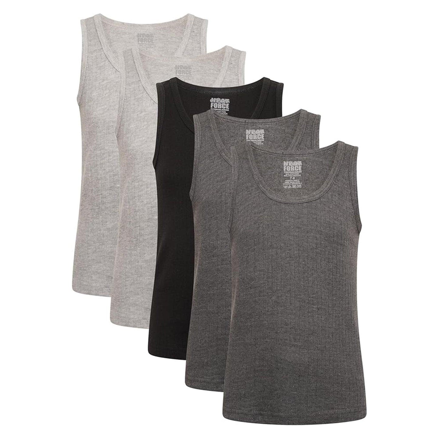 Black-Dark Grey-Light Grey - Front - Heatforce Childrens-Kids Thermal Vest Top (Pack of 5)