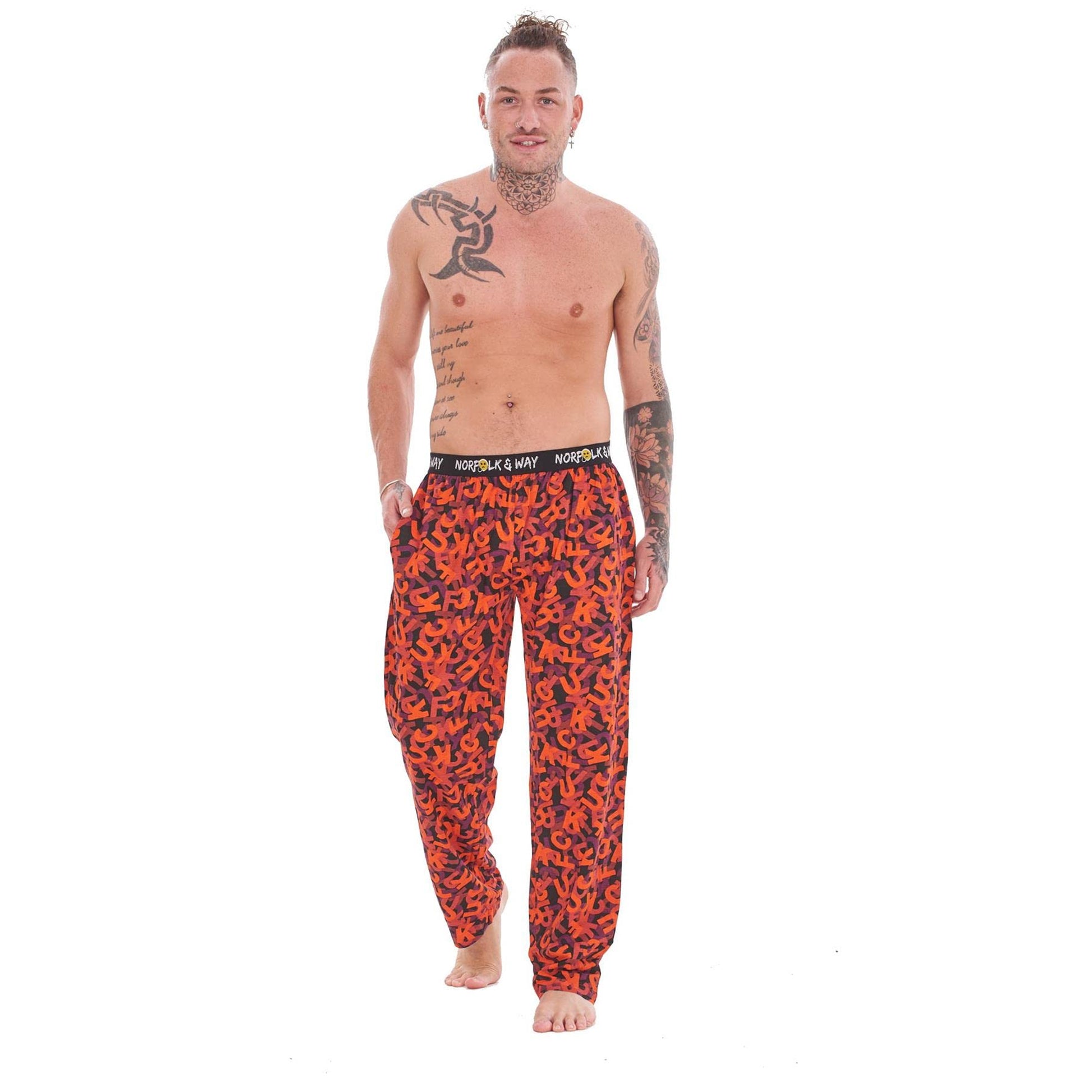 Orange-White-Black - Side - Norfolk & Way Mens Novelty All-Over Print Lounge Pants (Pack of 2)