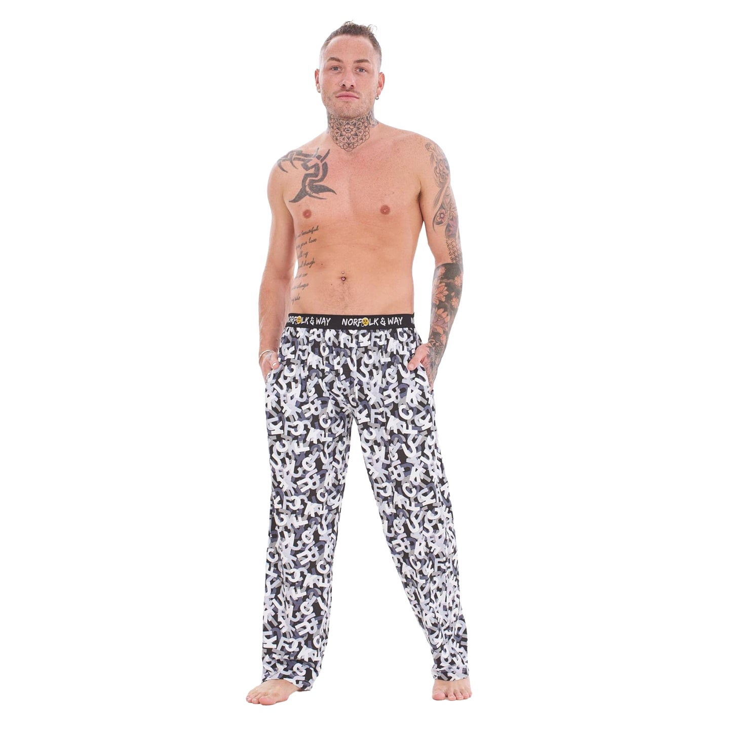 Orange-White-Black - Lifestyle - Norfolk & Way Mens Novelty All-Over Print Lounge Pants (Pack of 2)