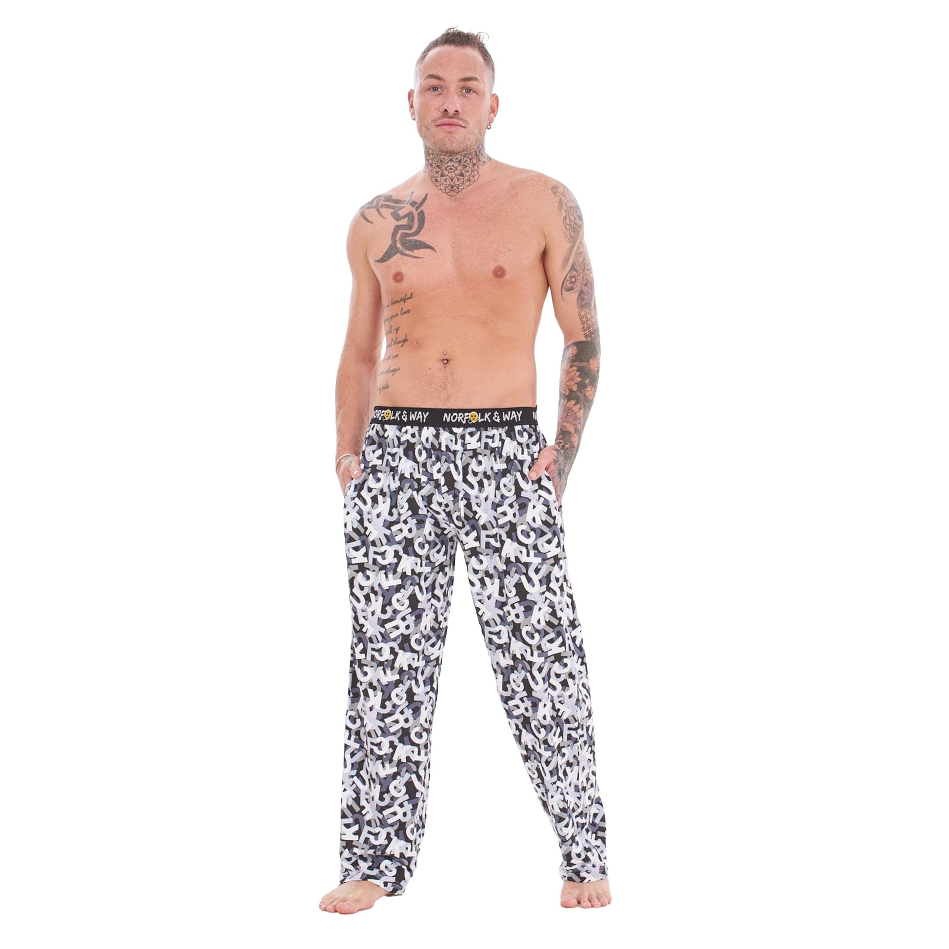 Orange-White-Black - Lifestyle - Norfolk & Way Mens Novelty All-Over Print Lounge Pants (Pack of 2)