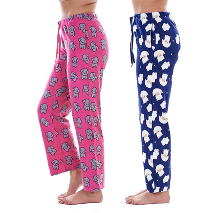 Pink-Navy Blue - Side - Keanu Womens-Ladies Fleece Lamb & Puppy Lounge Pants (Pack of 2)