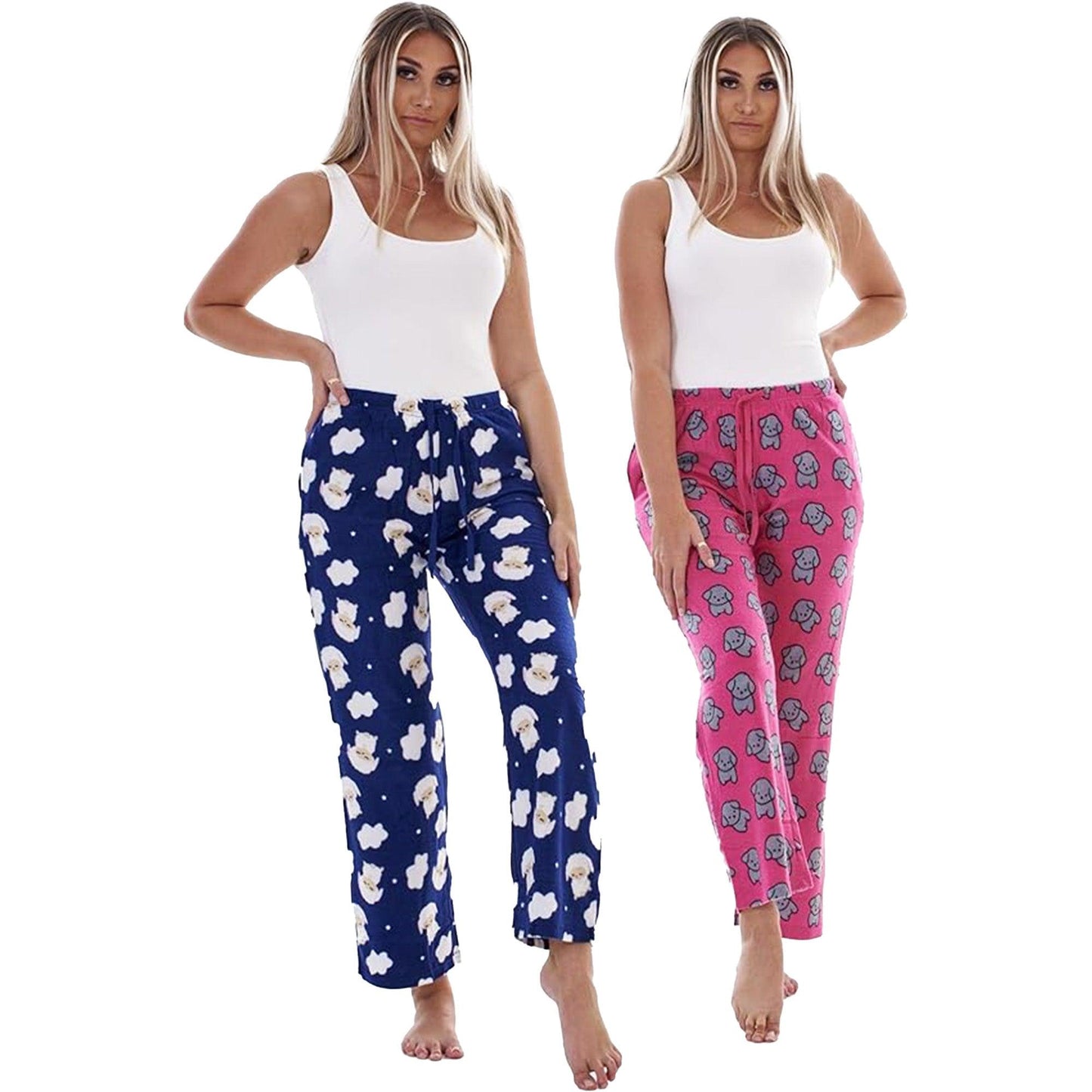 Pink-Navy Blue - Pack Shot - Keanu Womens-Ladies Fleece Lamb & Puppy Lounge Pants (Pack of 2)