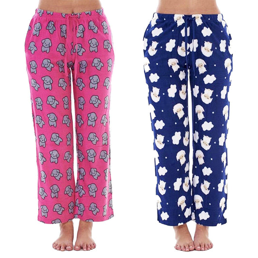 Pink-Navy Blue - Front - Keanu Womens-Ladies Fleece Lamb & Puppy Lounge Pants (Pack of 2)