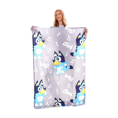 Grey-Blue-White - Back - Bluey Childrens-Kids Fleece Music Notes Supersoft Blanket