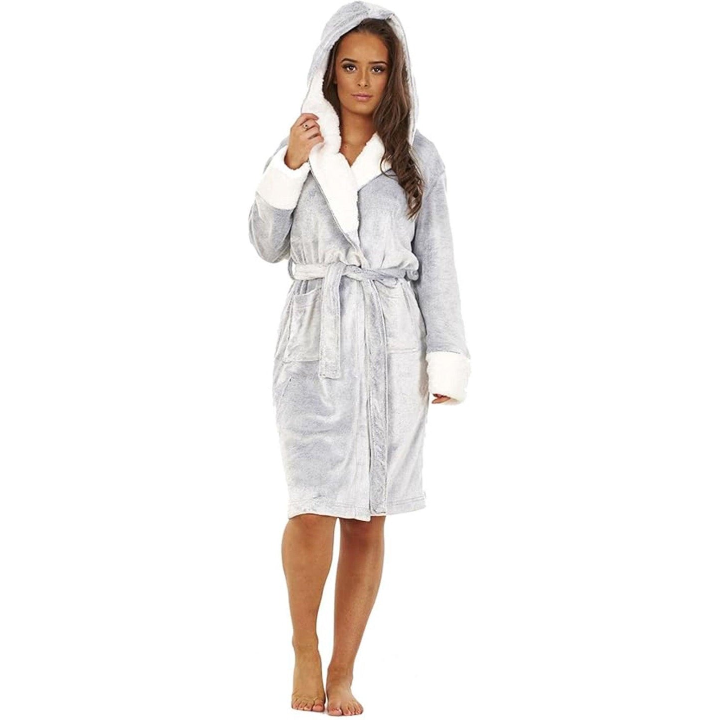 Grey - Back - Keanu Womens-Ladies Shimmer Sherpa Fleece Dressing Gown