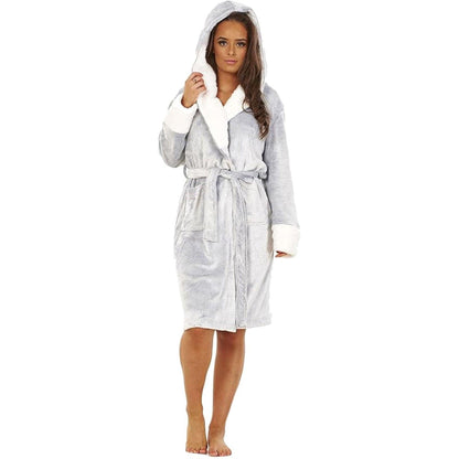Grey - Back - Keanu Womens-Ladies Shimmer Sherpa Fleece Dressing Gown
