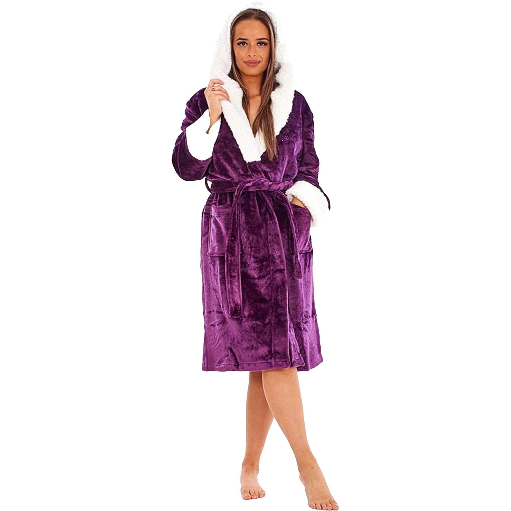 Purple - Back - Keanu Womens-Ladies Shimmer Sherpa Fleece Dressing Gown