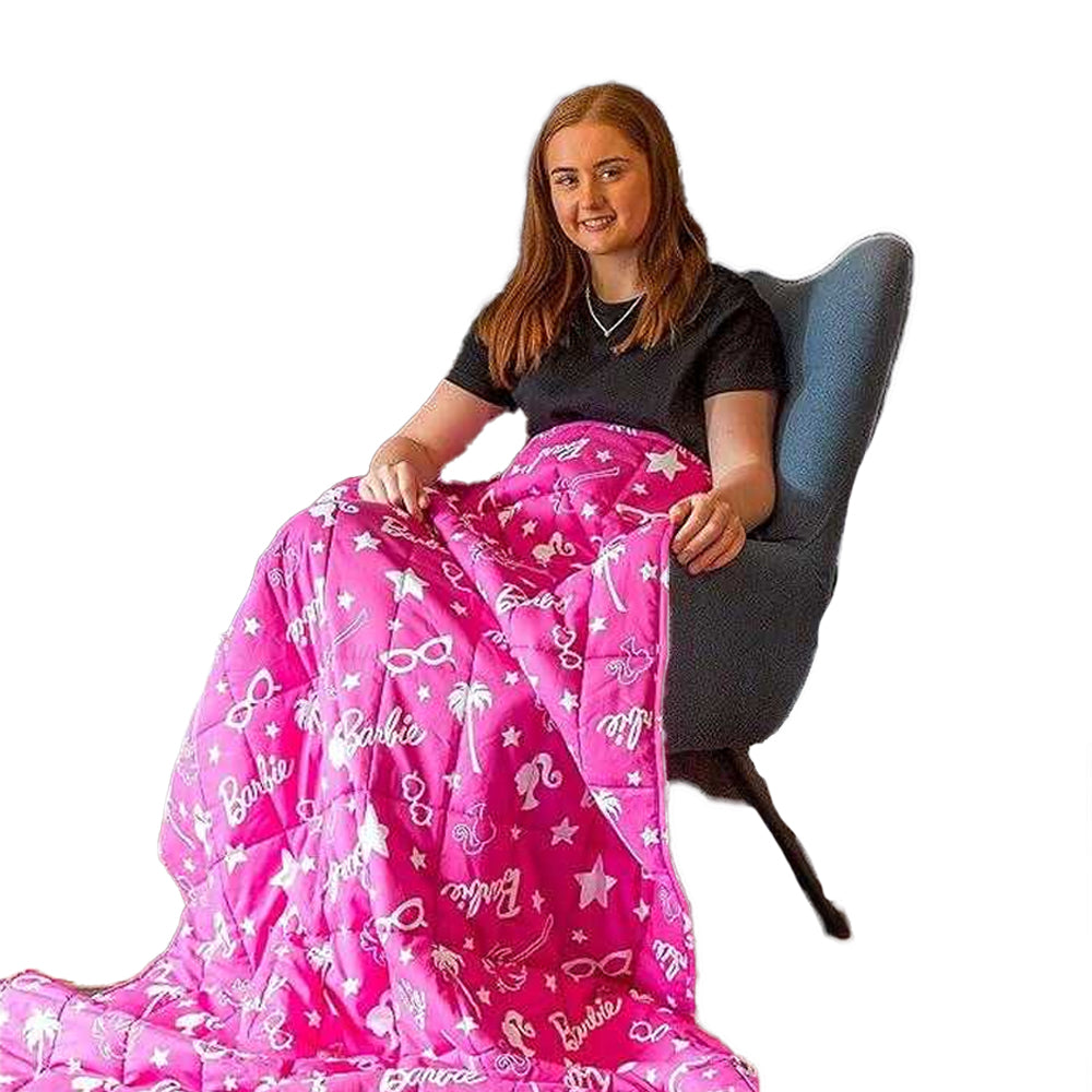 Pink-White - Back - Barbie Childrens-Kids Fleece Weighted Blanket