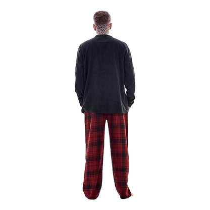 Navy-Red - Back - Keanu Mens Checked Microfleece Long Pyjama Set