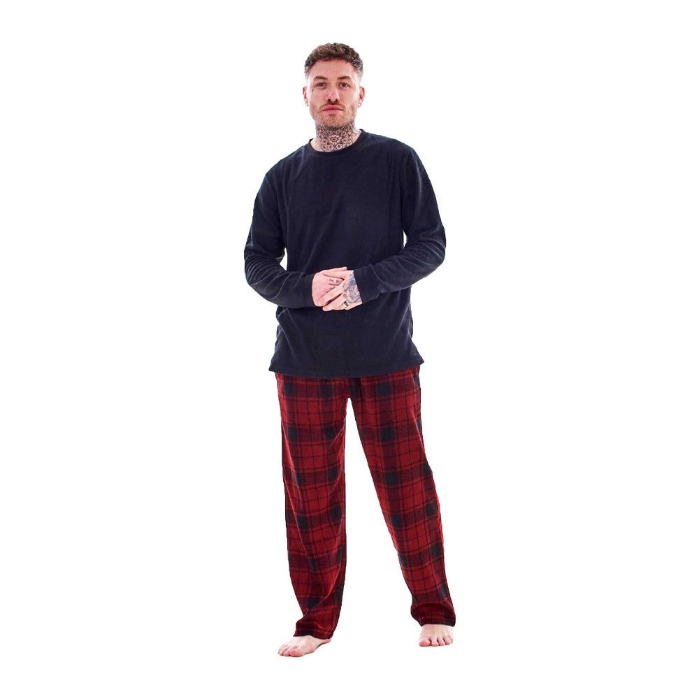 Navy-Red - Front - Keanu Mens Checked Microfleece Long Pyjama Set