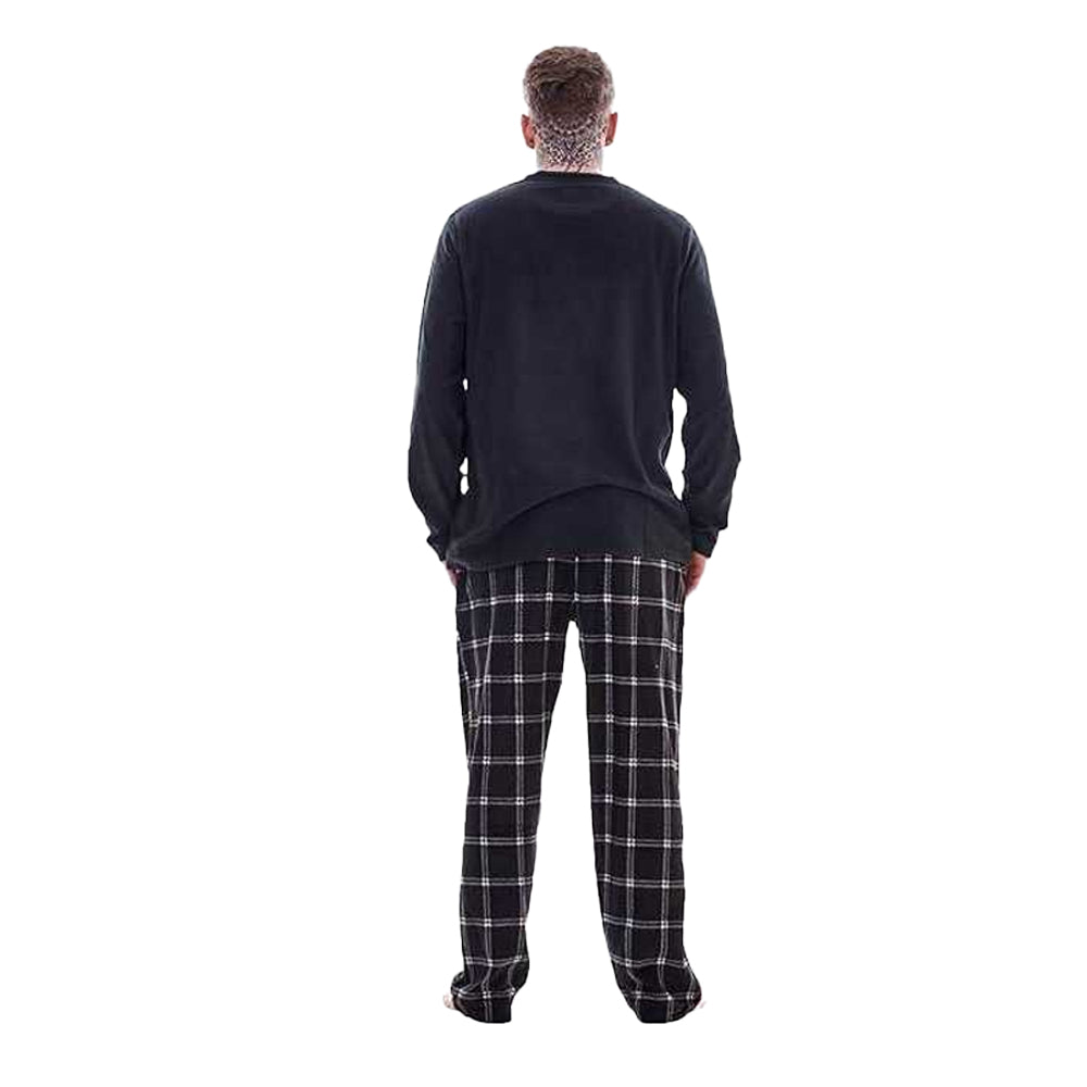 Black - Back - Keanu Mens Checked Microfleece Long Pyjama Set