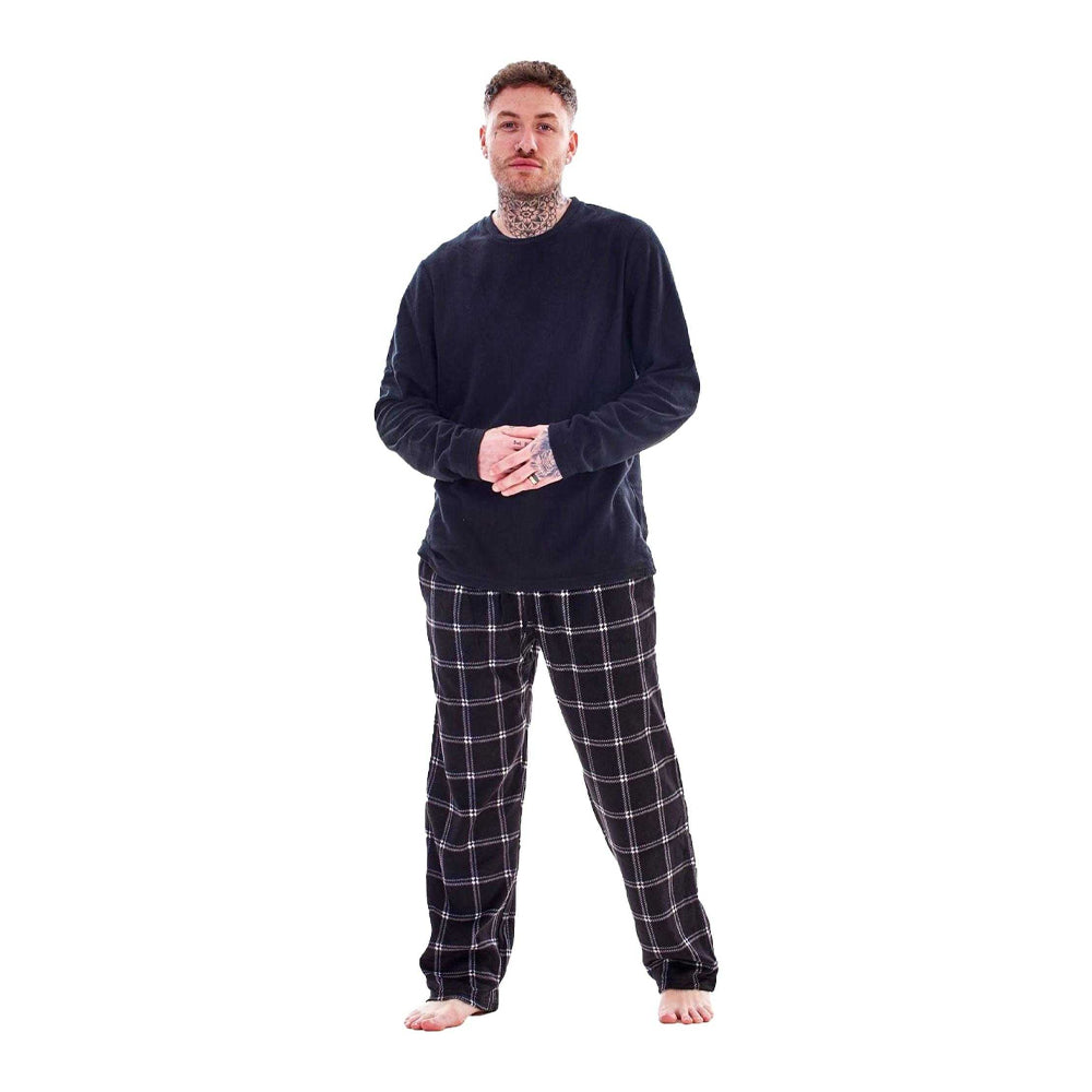 Black - Front - Keanu Mens Checked Microfleece Long Pyjama Set
