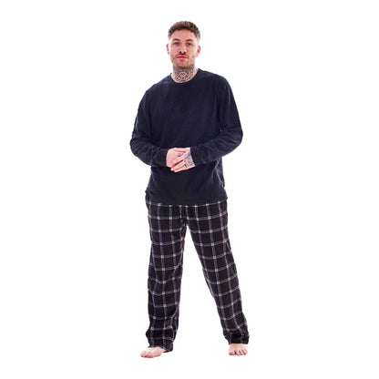 Black - Front - Keanu Mens Checked Microfleece Long Pyjama Set