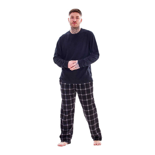 Black - Front - Keanu Mens Checked Microfleece Long Pyjama Set