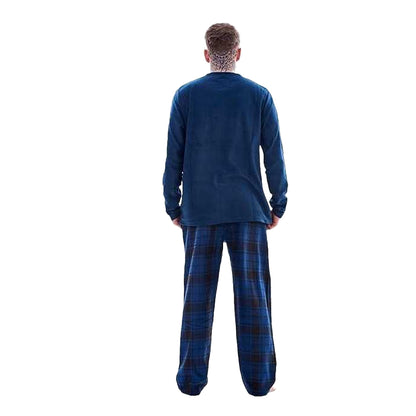 Navy - Back - Keanu Mens Checked Microfleece Long Pyjama Set
