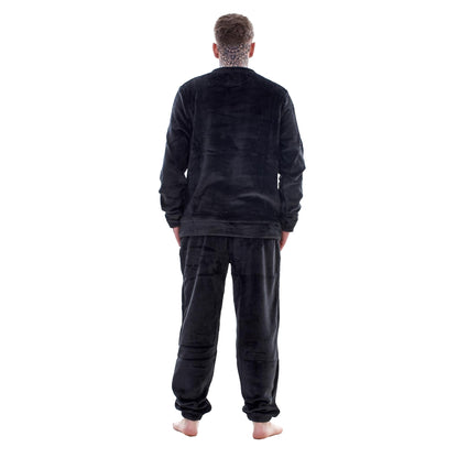 Black - Back - Keanu Mens Fleece Long Pyjama Set