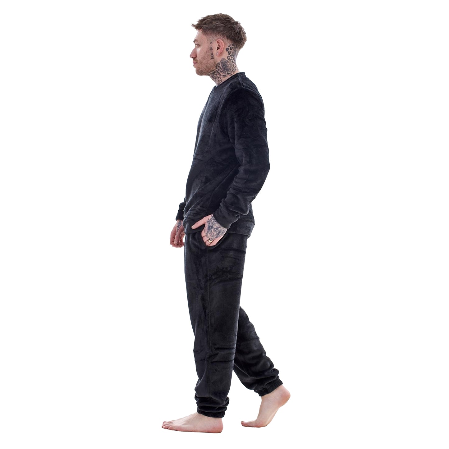 Black - Side - Keanu Mens Fleece Long Pyjama Set