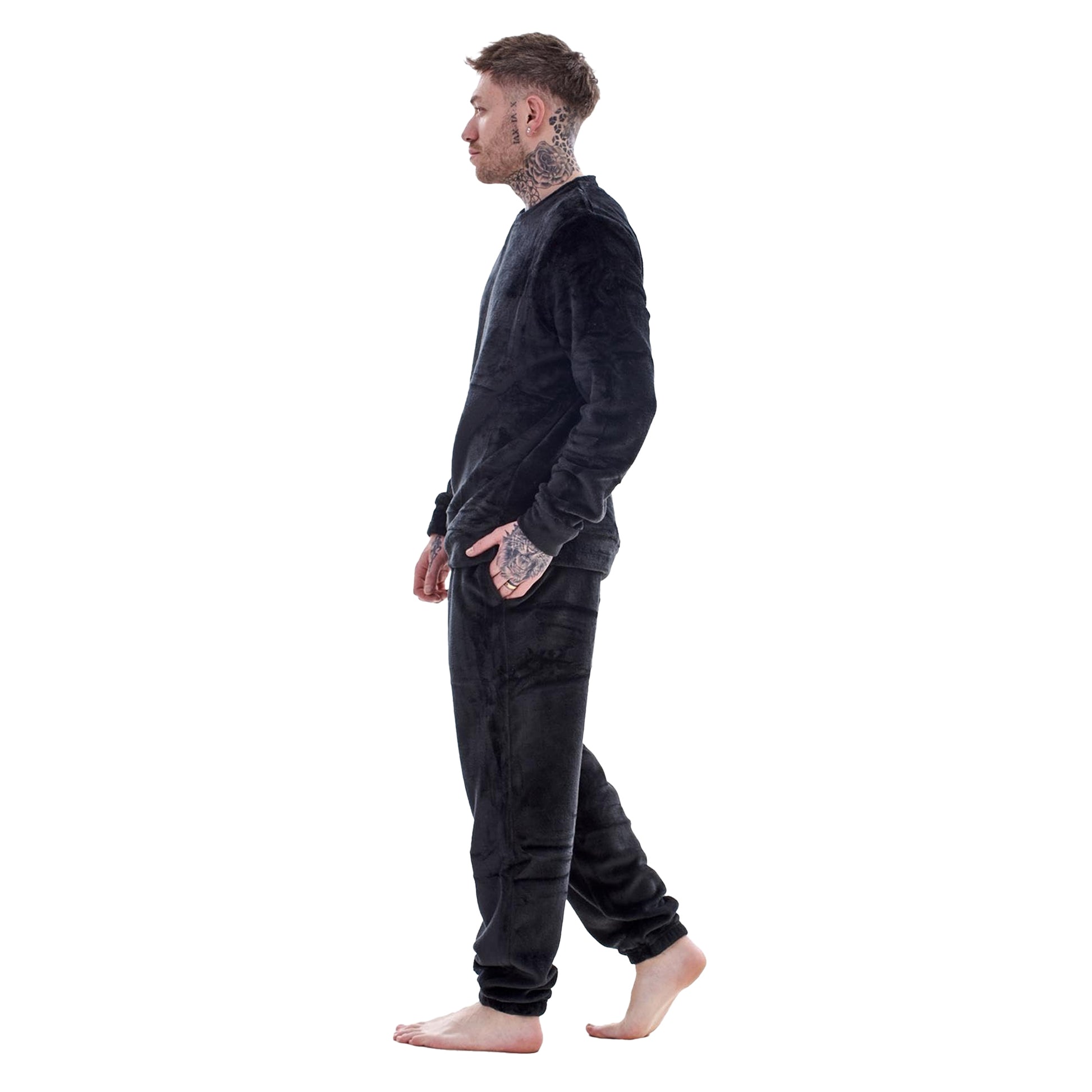 Black - Side - Keanu Mens Fleece Long Pyjama Set