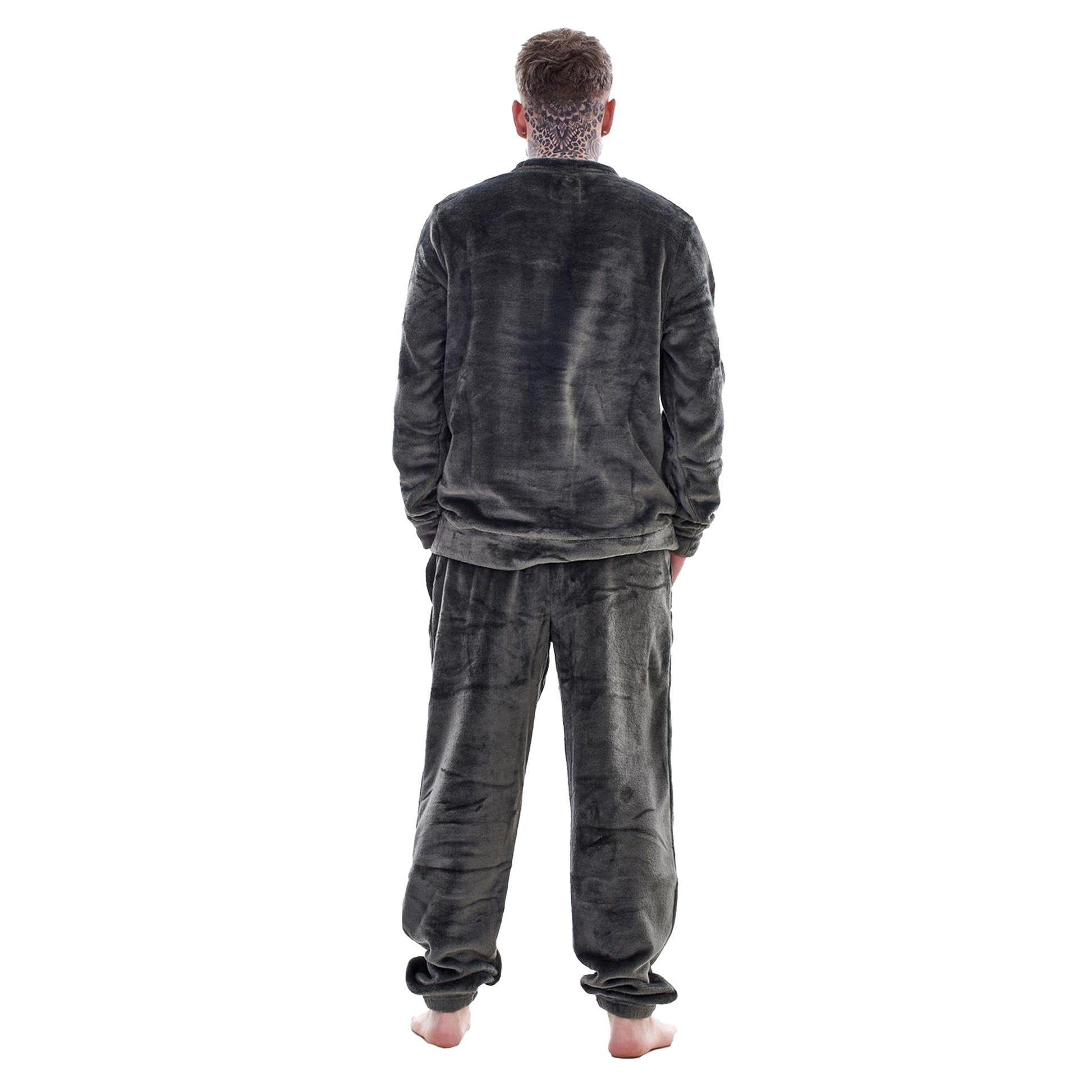 Grey - Back - Keanu Mens Fleece Long Pyjama Set