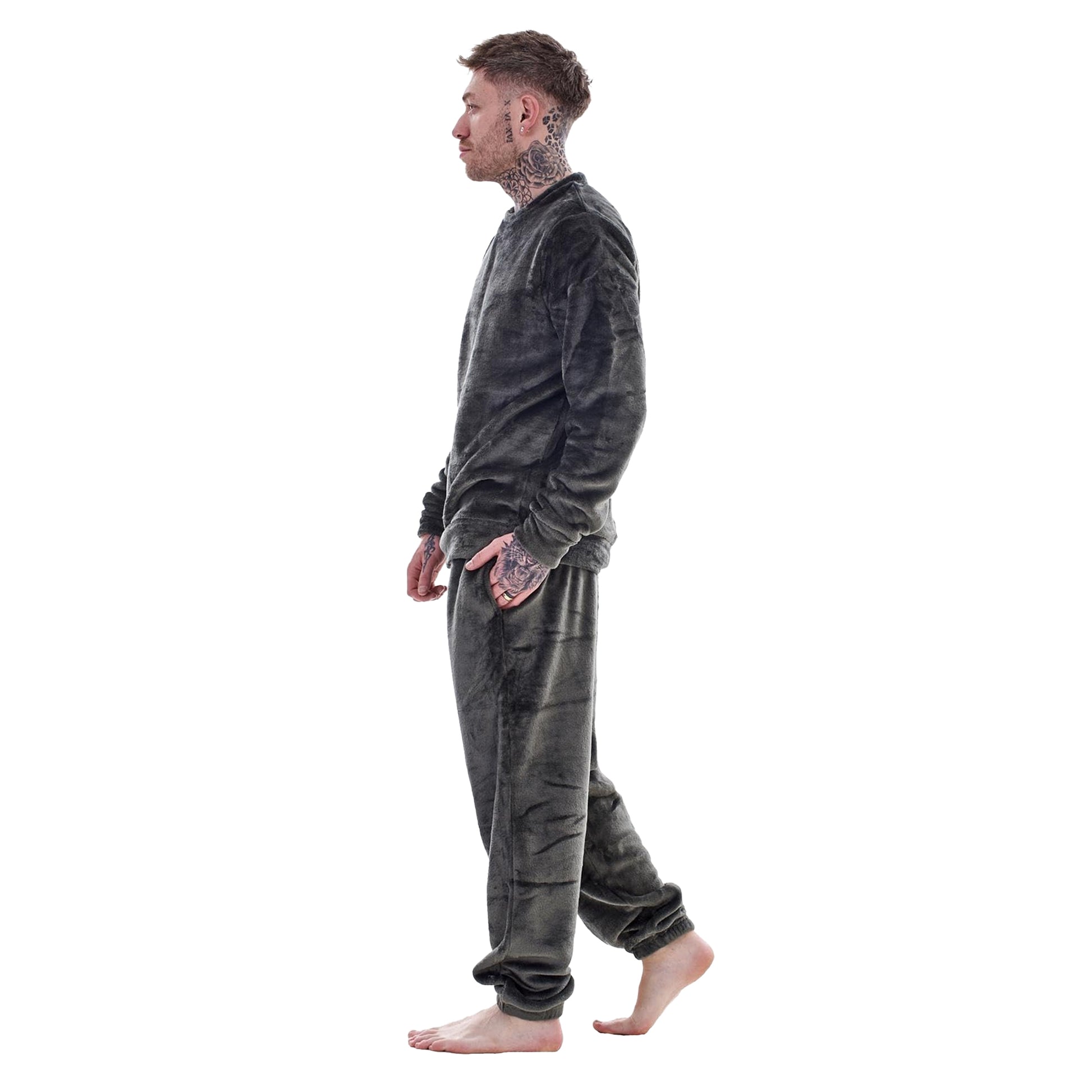 Grey - Side - Keanu Mens Fleece Long Pyjama Set