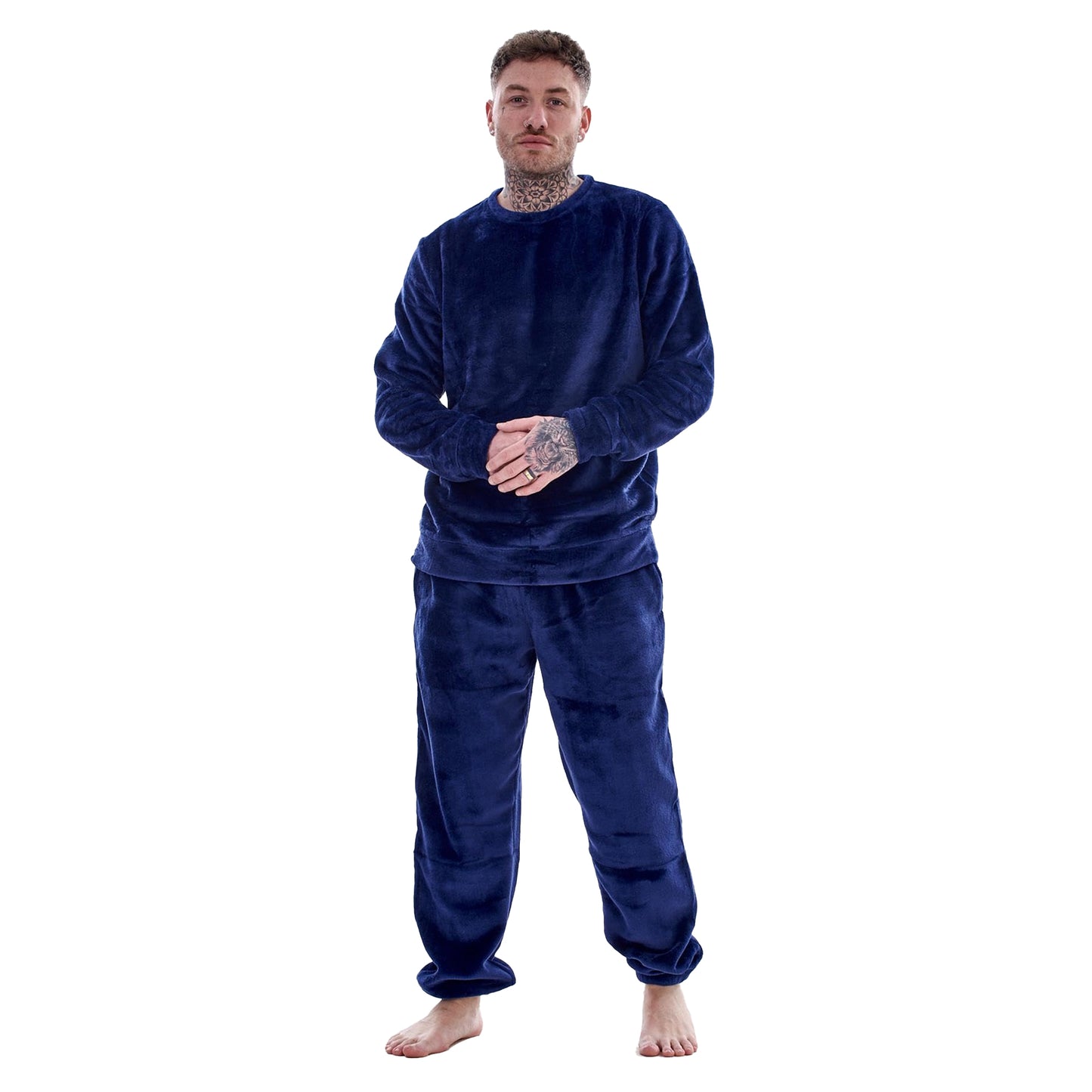 Navy - Front - Keanu Mens Fleece Long Pyjama Set