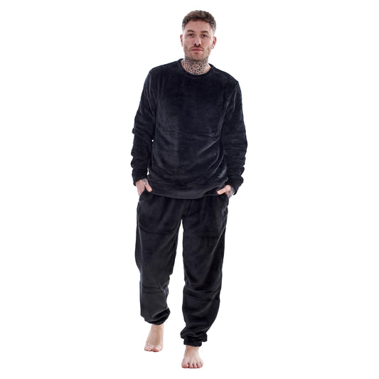 Black - Front - Keanu Mens Fleece Long Pyjama Set