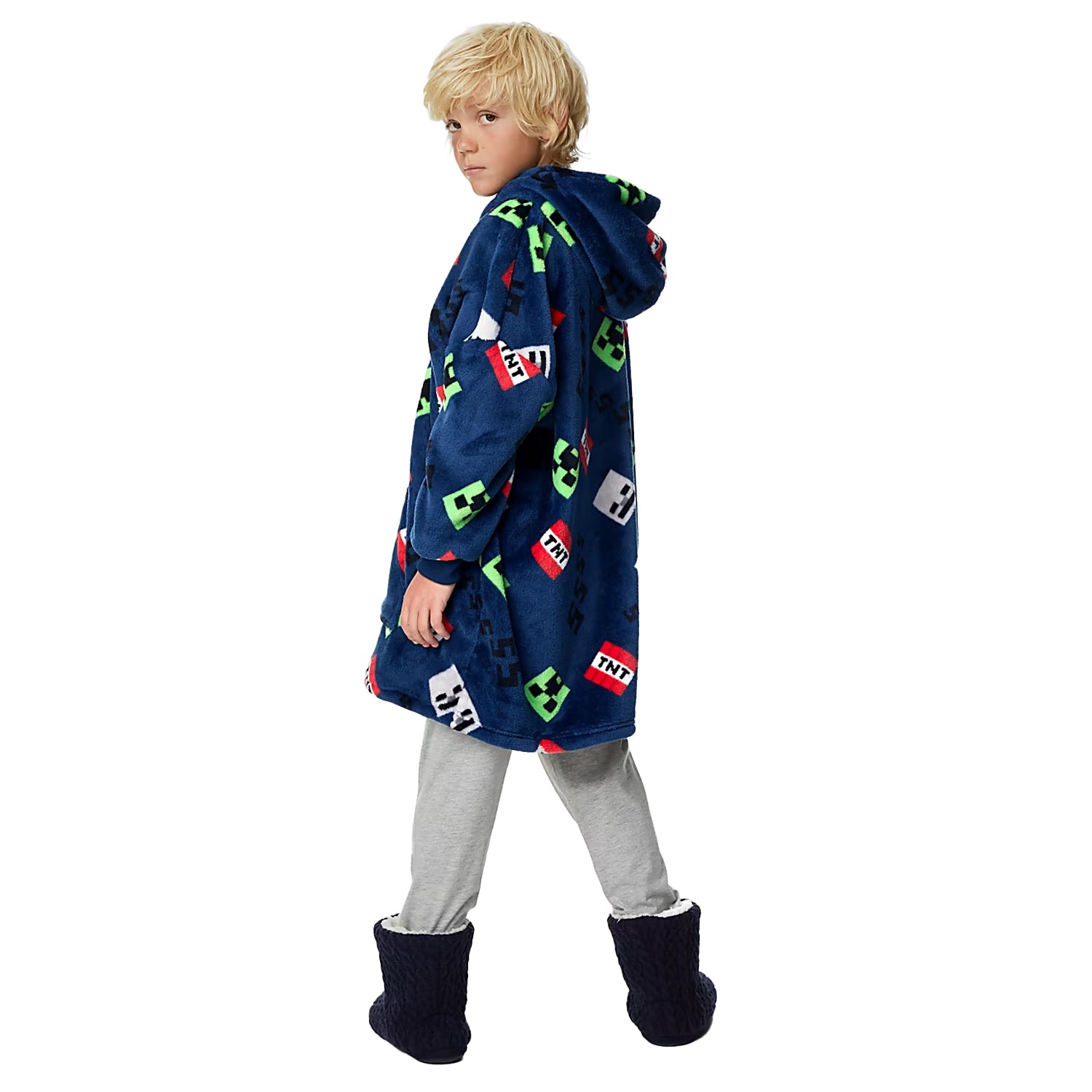 Blue-Green - Back - Minecraft Childrens-Kids Icons Sherpa Fleece Oversized Hoodie Blanket