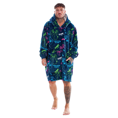 Navy-Multicoloured - Front - Gamer Mens Neon Fleece Oversized Hoodie Blanket