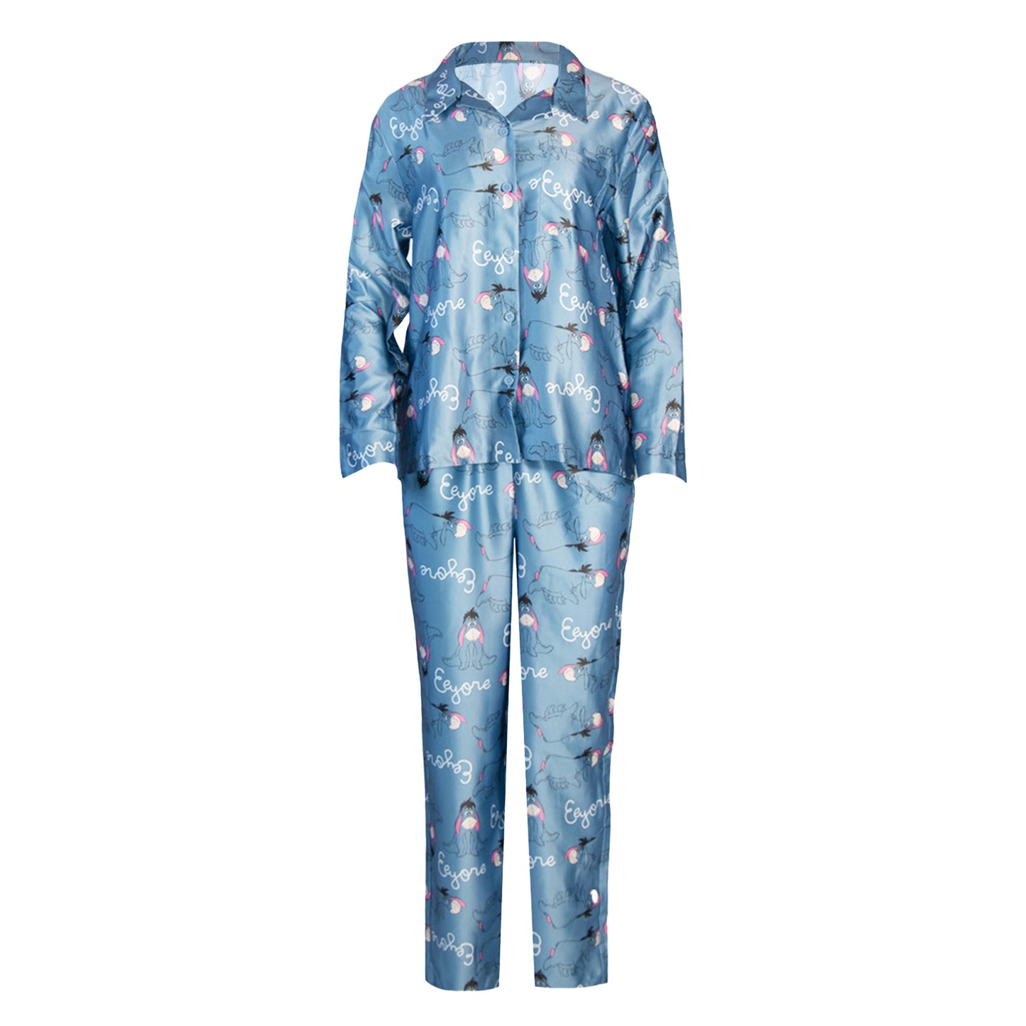 Blue - Front - Winnie the Pooh Womens-Ladies Eeyore Satin Straight Leg Long Pyjama Set