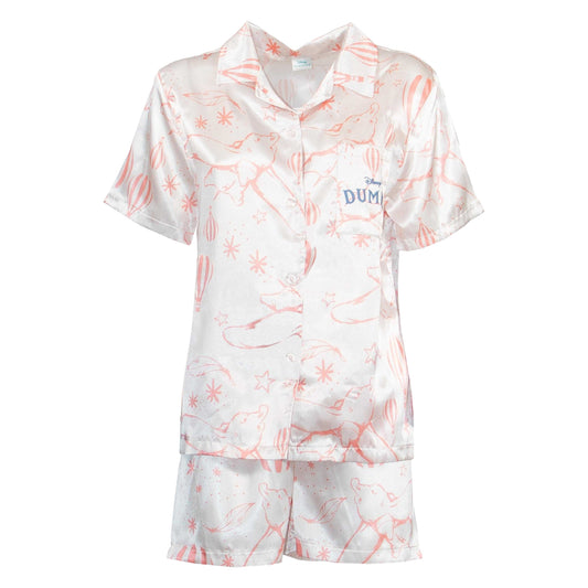 White - Front - Dumbo Womens-Ladies Satin Short-Sleeved Short Pyjama Set
