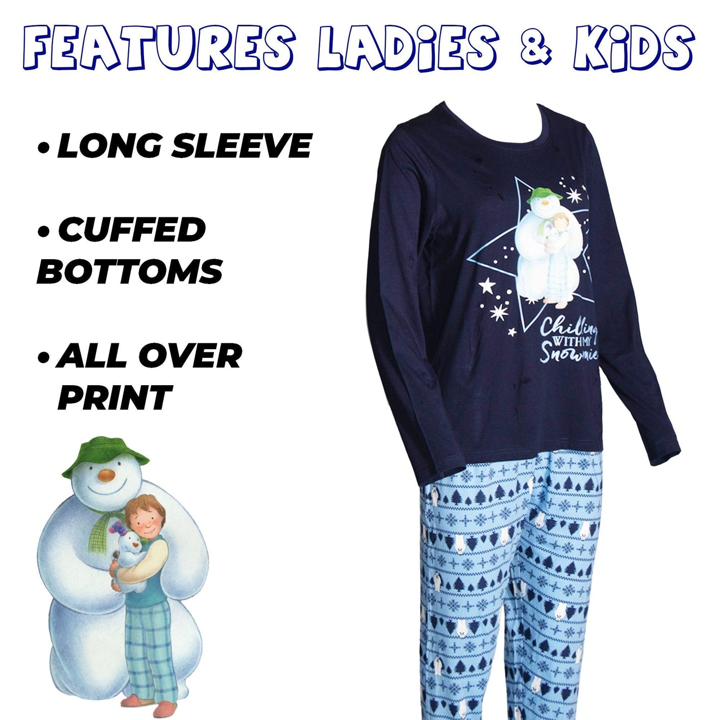 Blue - Side - The Snowman Mens Polar Bear Christmas Long Pyjama Set
