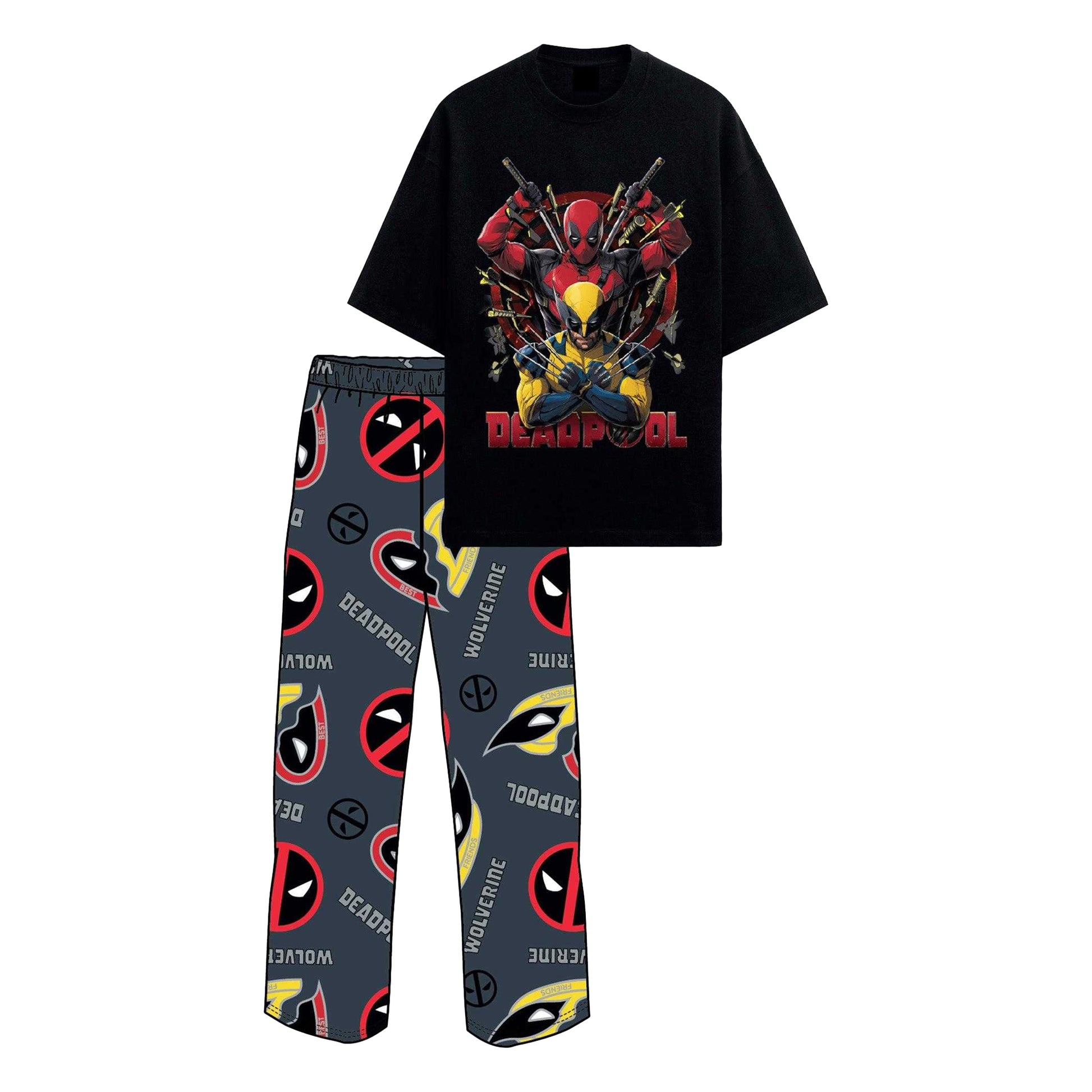 Black-Multicoloured - Front - Deadpool & Wolverine Mens Action Pose Cotton Pyjama Set