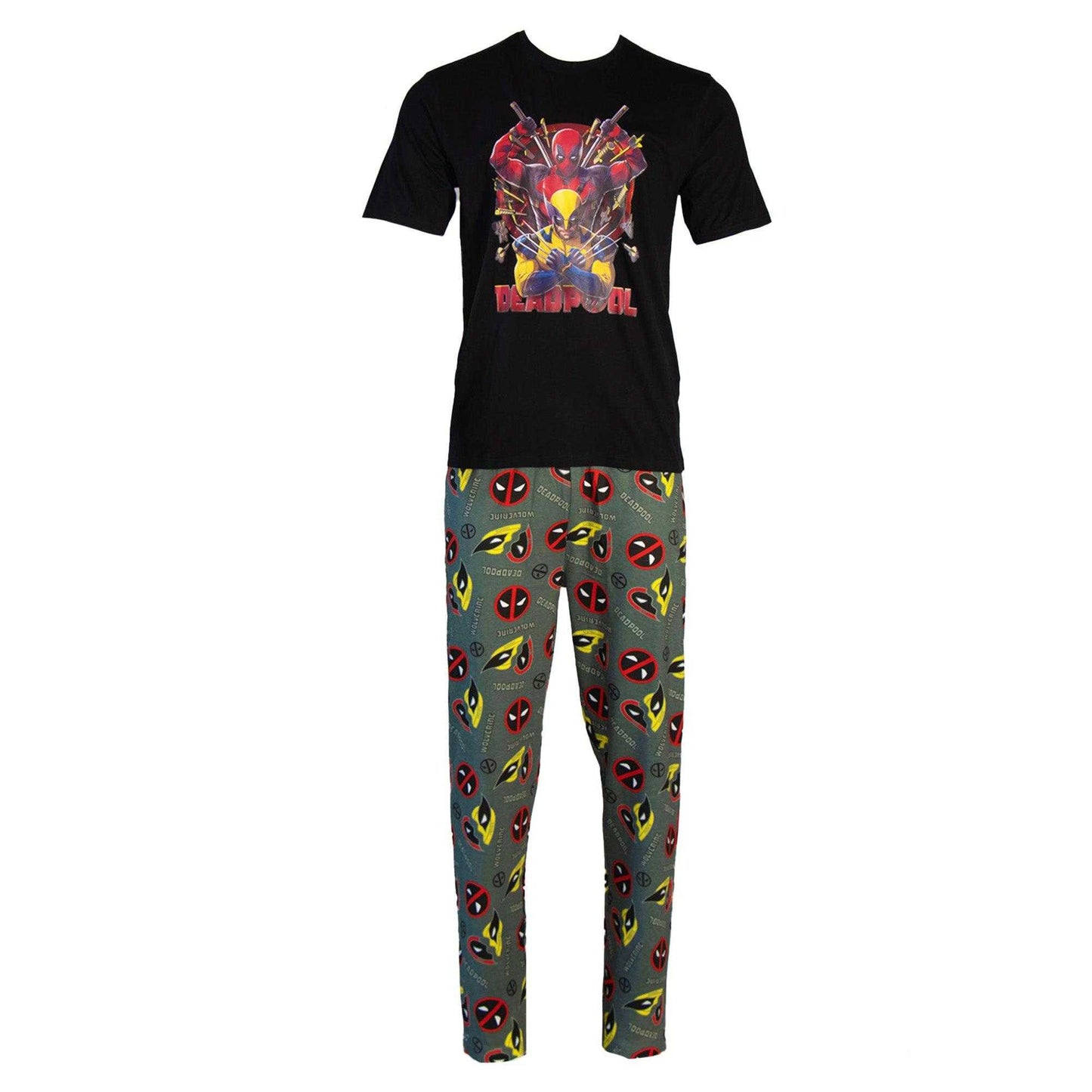 Black-Multicoloured - Side - Deadpool & Wolverine Mens Action Pose Cotton Pyjama Set